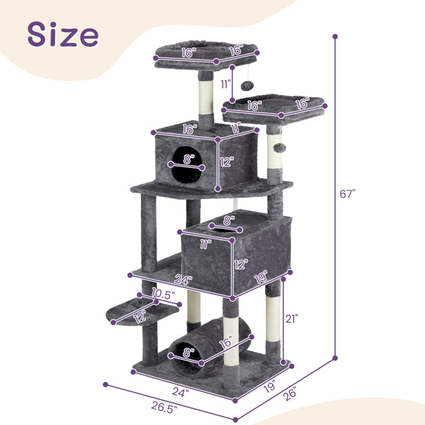 65-Inch Multi-Level Cat Tree Tower for Indoor Cats – Large Cat Condo with Padded Beds, Spacious Hideouts, Sisal Scratching Posts, Play Tunnel, and Toy Balls in Dark Gray