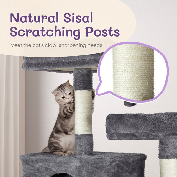 65-Inch Multi-Level Cat Tree Tower for Indoor Cats – Large Cat Condo with Padded Beds, Spacious Hideouts, Sisal Scratching Posts, Play Tunnel, and Toy Balls in Dark Gray