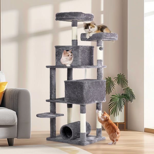 65-Inch Multi-Level Cat Tree Tower for Indoor Cats – Large Cat Condo with Padded Beds, Spacious Hideouts, Sisal Scratching Posts, Play Tunnel, and Toy Balls in Dark Gray