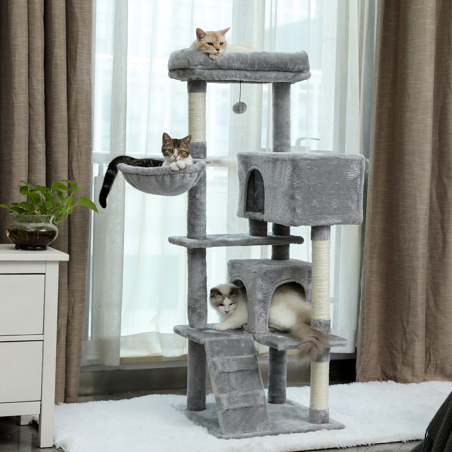 Multi-Functional Cat Tree Tower with Sisal Scratching Posts, 2 Cozy Condos, Top Perch, Hammock, Climbing Ladder & Interactive Dangling Ball