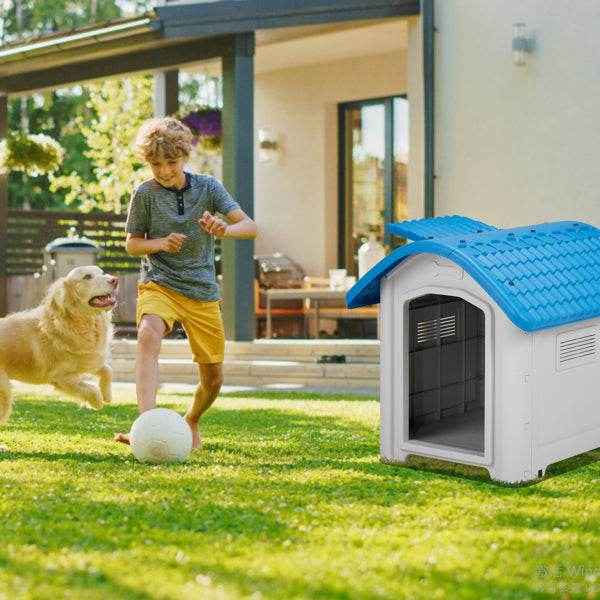 28-Inch Raised Plastic Dog House – Indoor & Outdoor Pet Shelter with Adjustable Sunroof, Elevated Base, for Small Dogs, Blue & White