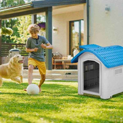 28-Inch Raised Plastic Dog House – Indoor & Outdoor Pet Shelter with Adjustable Sunroof, Elevated Base, for Small Dogs, Blue & White