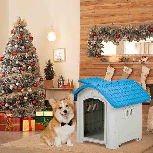28-Inch Raised Plastic Dog House – Indoor & Outdoor Pet Shelter with Adjustable Sunroof, Elevated Base, for Small Dogs, Blue & White