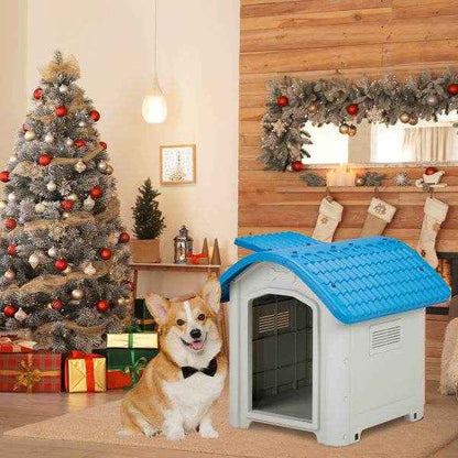 28-Inch Raised Plastic Dog House – Indoor & Outdoor Pet Shelter with Adjustable Sunroof, Elevated Base, for Small Dogs, Blue & White