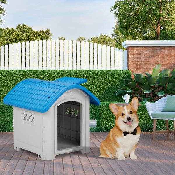28-Inch Raised Plastic Dog House – Indoor & Outdoor Pet Shelter with Adjustable Sunroof, Elevated Base, for Small Dogs, Blue & White