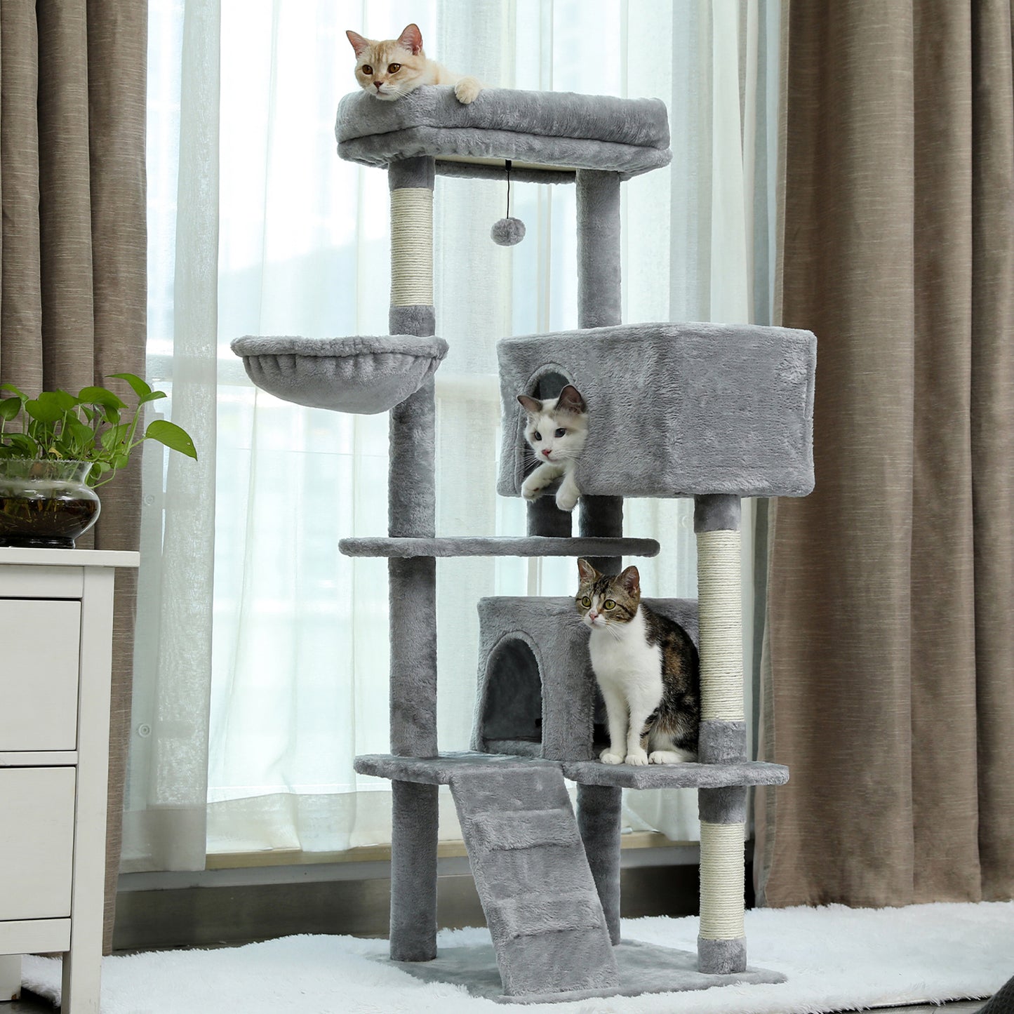 Multi-Functional Cat Tree Tower with Sisal Scratching Posts, 2 Cozy Condos, Top Perch, Hammock, Climbing Ladder & Interactive Dangling Ball