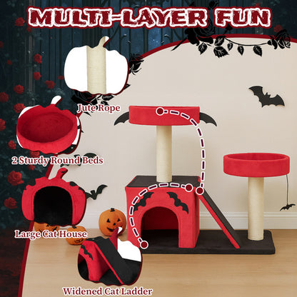 Gothic Cat Tree – Halloween Cat Tower with Condo, Perches, Spider Toy & Scratching Posts (Red & Black)