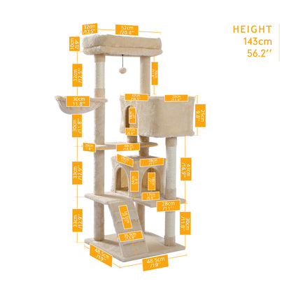 Multi-Functional Cat Tree Tower with Sisal Scratching Posts, 2 Cozy Condos, Top Perch, Hammock, Climbing Ladder & Interactive Dangling Ball